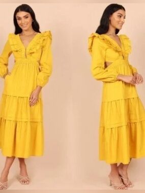 Petal & Pup, large, Mariga Long Sleeve Frill Shoulder Midi Dress